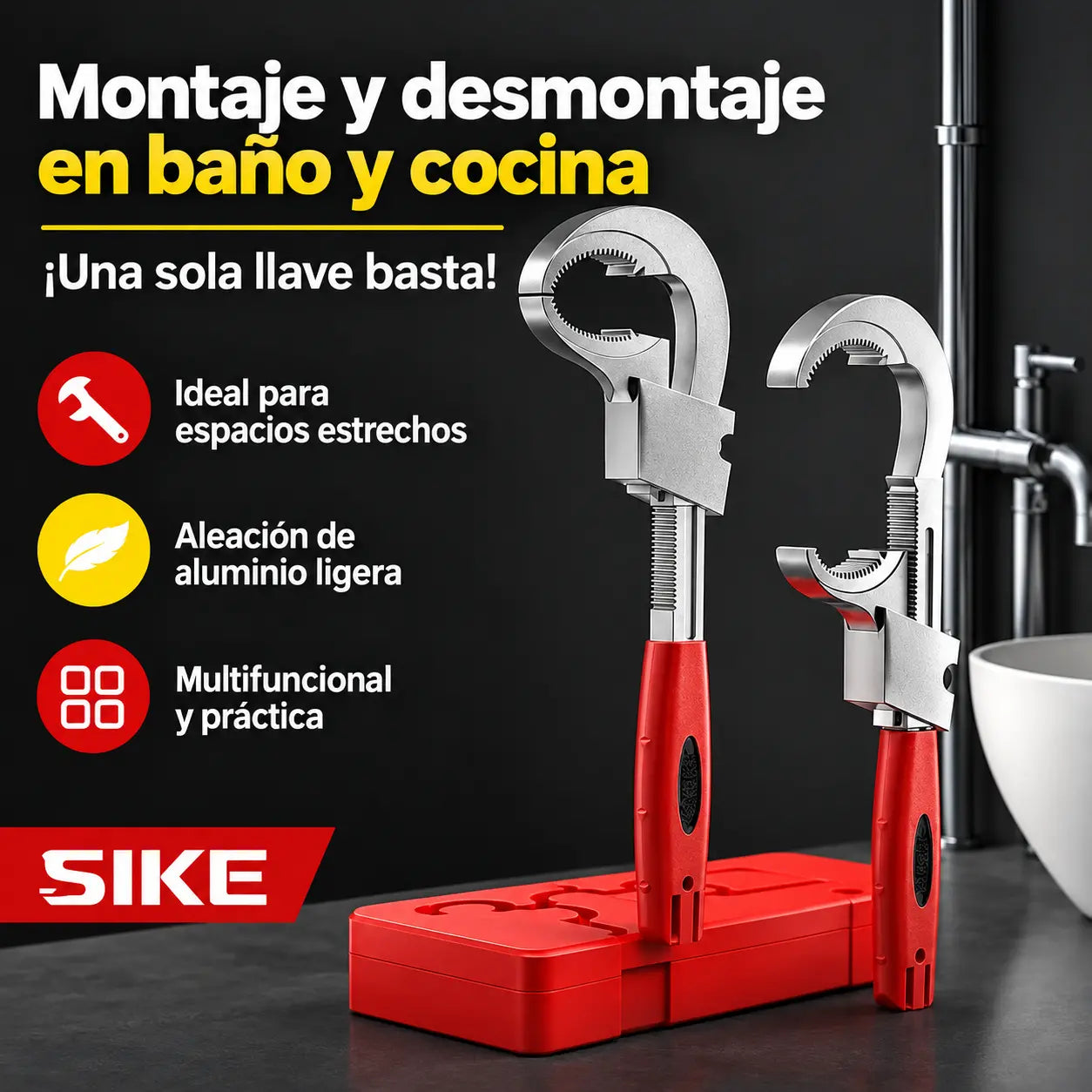 🔧 Llave multifuncional para instalación y desmontaje de grifos – Ideal para espacios reducidos
