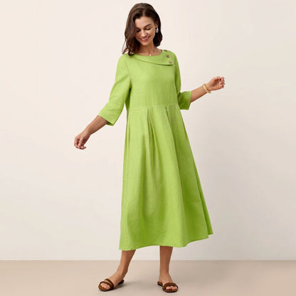 【S-3XL】Vestido Maxi de 100% Lino con Cuello Medialuna y Botones Decorativos