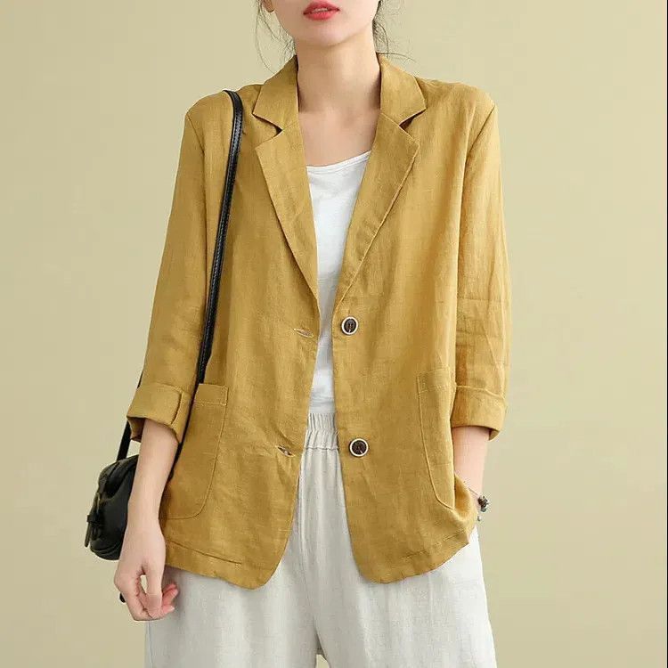 🔥Pago contra entrega✅️【40-90 kg】Camisa de traje casual de algodón y lino para mujer, diseño de cuello en V y botonadura simple
