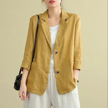 🔥Pago contra entrega✅️【40-90 kg】Camisa de traje casual de algodón y lino para mujer, diseño de cuello en V y botonadura simple