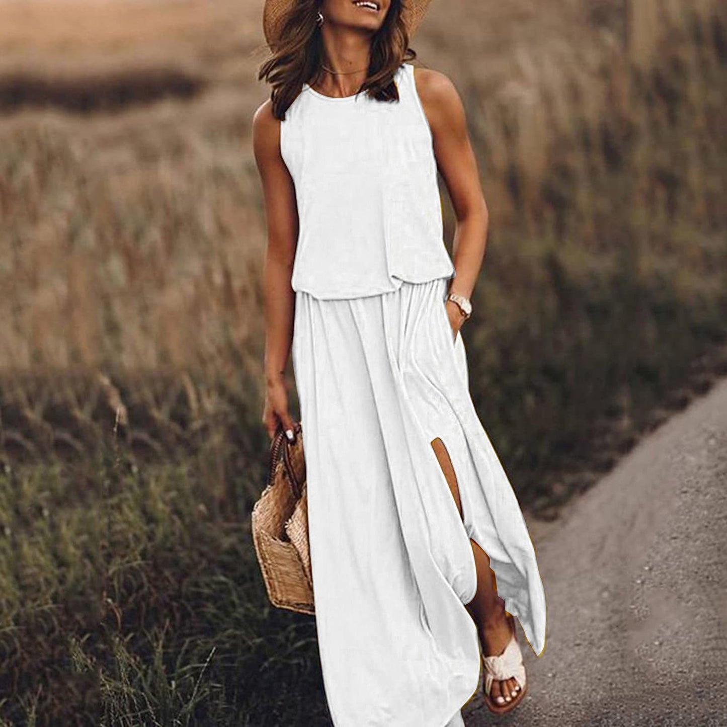 👗【S-4XL】Nuevo vestido de verano liso sin mangas con bajo asimétrico y abertura.✨