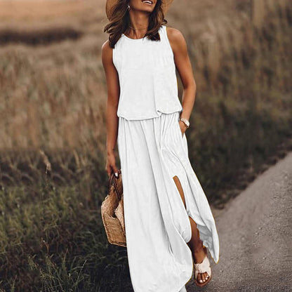 👗【S-4XL】Nuevo vestido de verano liso sin mangas con bajo asimétrico y abertura.✨