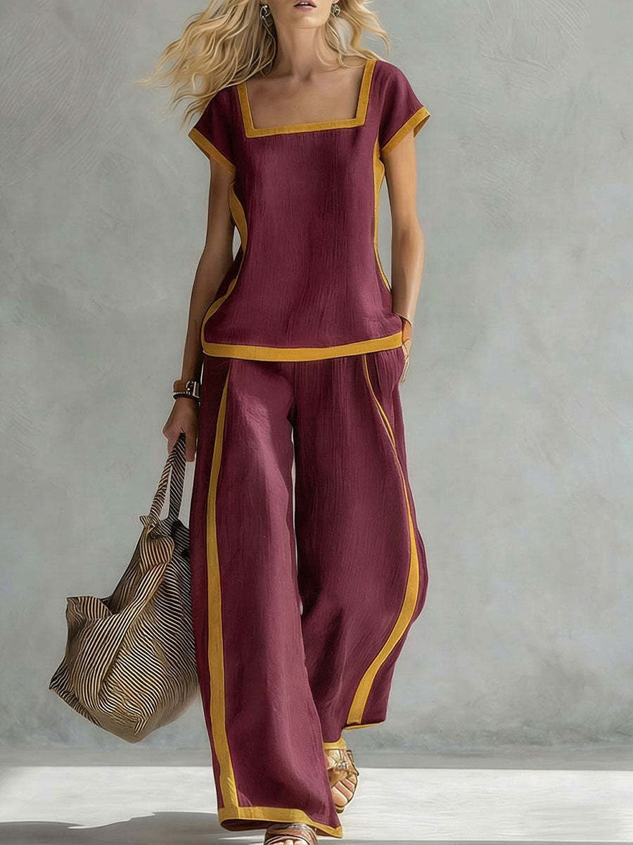 🔥 ¡Novedades de verano! 😍 Conjunto de dos piezas moderno para mujer 2026: detalles en colores contrastantes, combinado con pantalones de pierna ancha: casual y elegante.