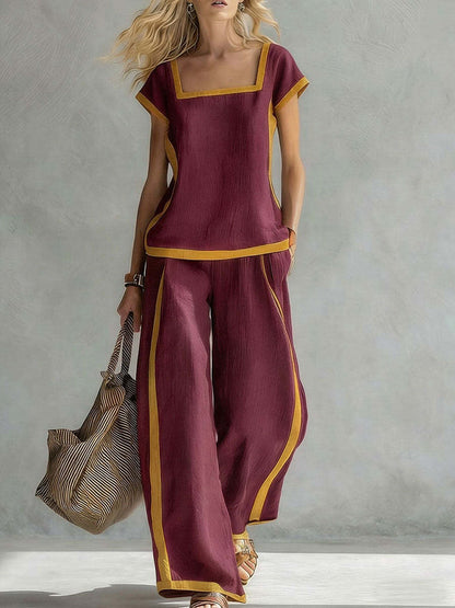 🔥 ¡Novedades de verano! 😍 Conjunto de dos piezas moderno para mujer 2026: detalles en colores contrastantes, combinado con pantalones de pierna ancha: casual y elegante.