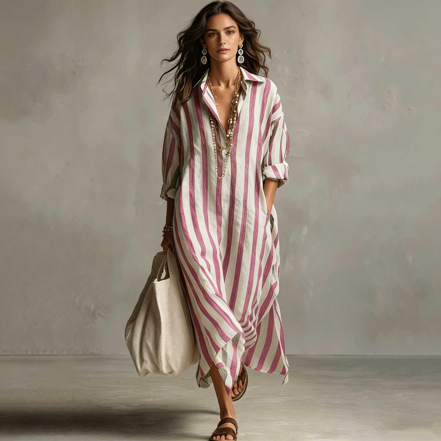 【S-3XL】Vestido Largo Camisero con Rayas Verticales y Corte Holgado Elegante