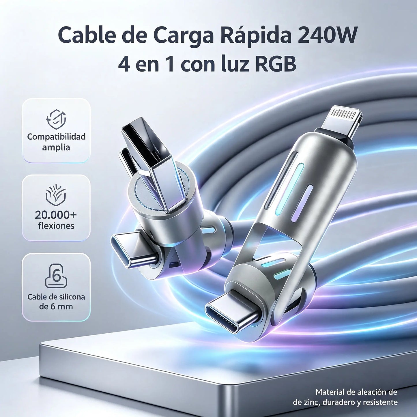 🔥 【2 palos】 🔥 (2 metros de largo) Cable 4 en 1 PD 240 W – Carga rápida USB‑C, Lightning y USB‑A, aluminio y silicona, sincronización de datos ⚡📱