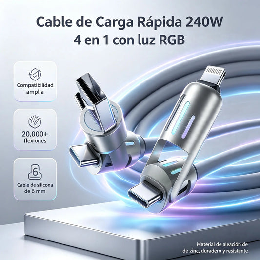 🔥 【2 palos】 🔥 (2 metros de largo) Cable 4 en 1 PD 240 W – Carga rápida USB‑C, Lightning y USB‑A, aluminio y silicona, sincronización de datos ⚡📱