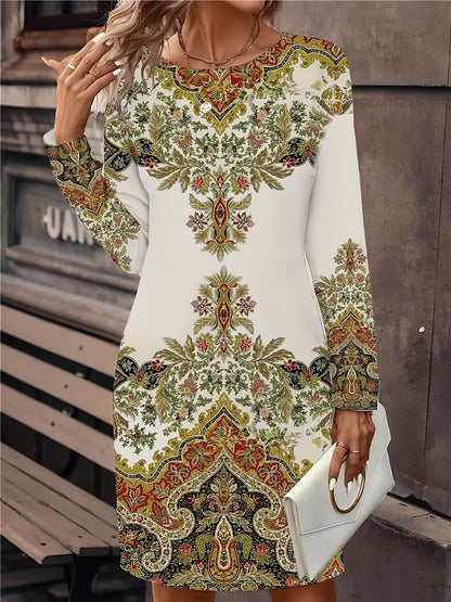 🔥🥰【S-5XL】Nuevo vestido estampado de cuello redondo y manga larga 2026