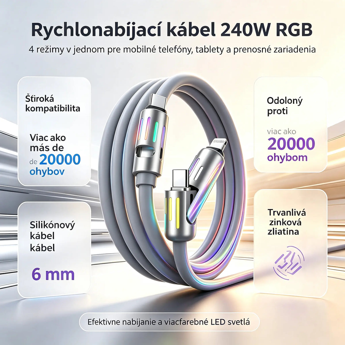 🔥 【2 kusy za 22 €】 🔥 (2 metre dlhý) 4-v-1 PD 240W kábel – rýchle nabíjanie (USB‑C, Lightning a USB‑A), hliník a silikón, synchronizácia dát ⚡📱