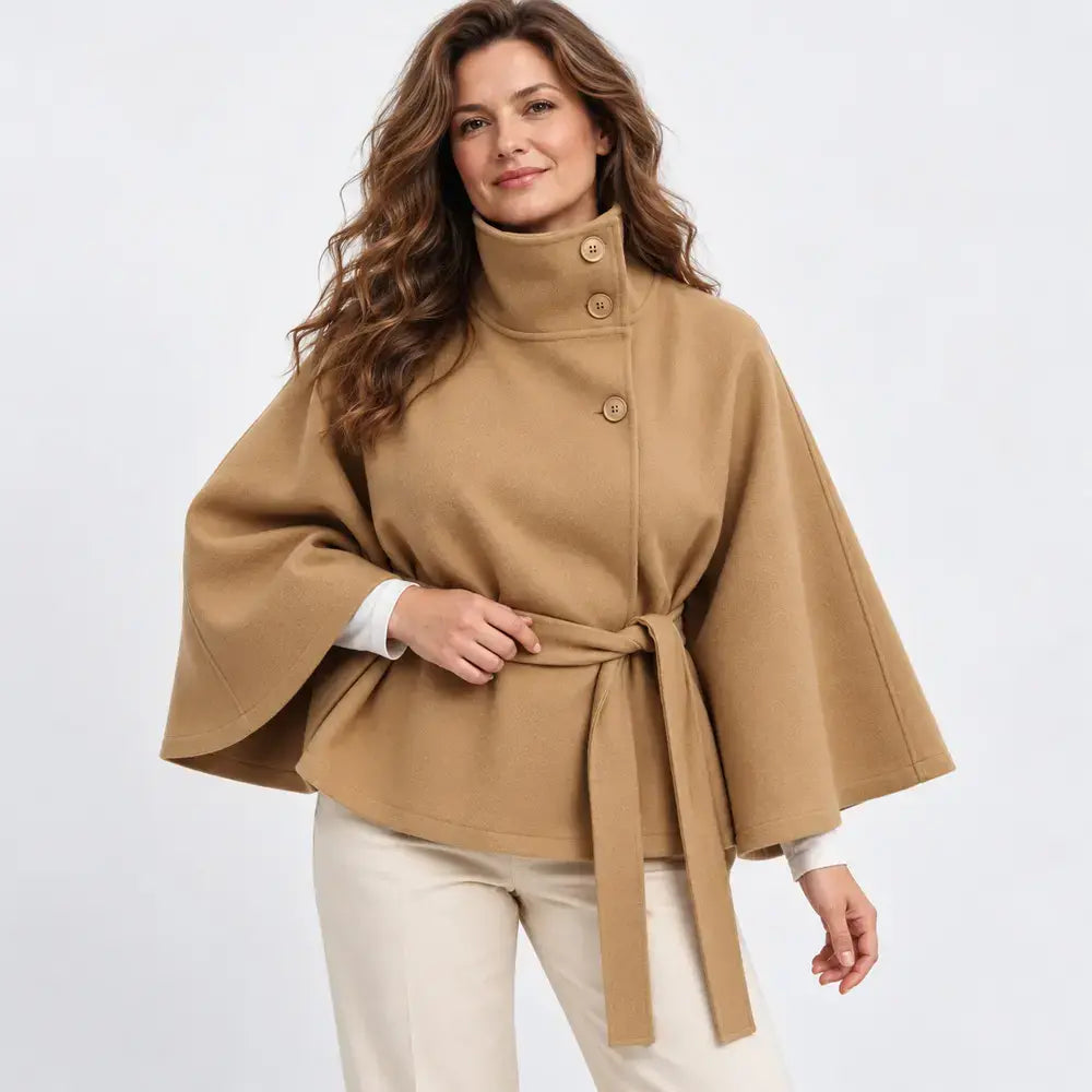 【S-3XL】Nueva chaqueta de estilo capa para mujer, ideal para otoño e invierno – diseño liso, con cuello alzado, botones y cinturón