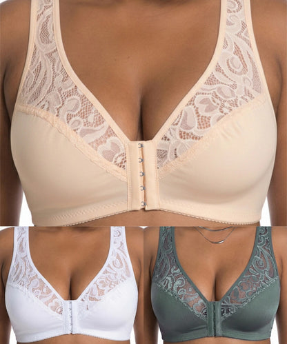 💖Najnižšia cena vôbec【3-dielna sada】【L-4XL】😍🩲Podprsenka s push-up strihom pre väčšie veľkosti, krásna čipka, push-up a vyklenutý dizajn, zapínanie vpredu