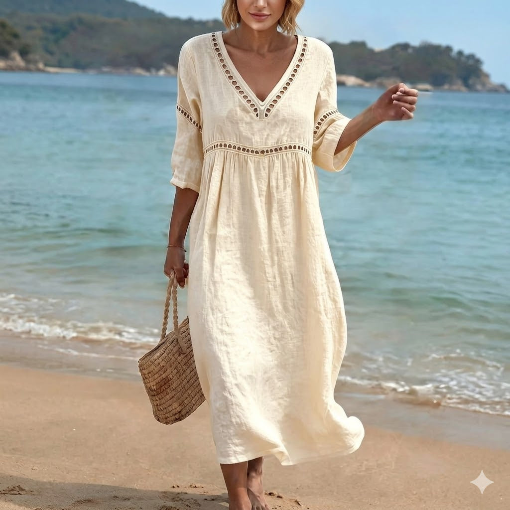 💎2026 Alta calidad💎【S-3XL】Vestido de mujer de algodón y lino con cuello en V, transpirable y suave, cómodo de llevar