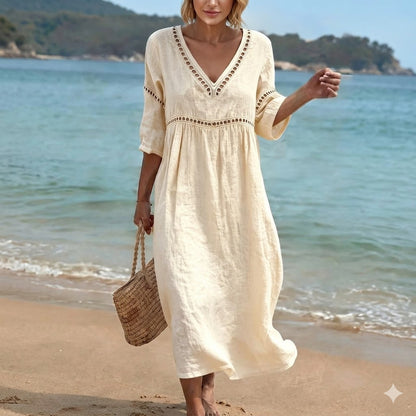 💎2026 Alta calidad💎【S-3XL】Vestido de mujer de algodón y lino con cuello en V, transpirable y suave, cómodo de llevar