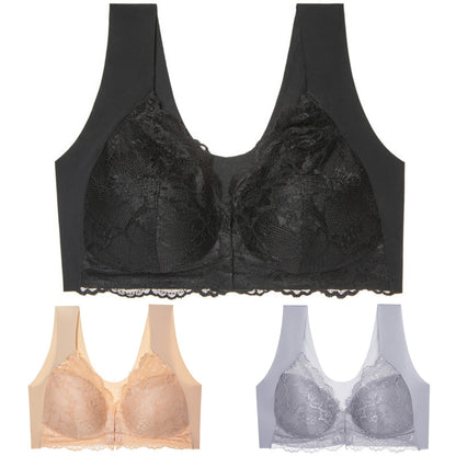✨【Conjunto de 3 piezas】Sujetador sexy de talla grande, sin aros y con cierre frontal, que luce un hermoso diseño en la espalda.