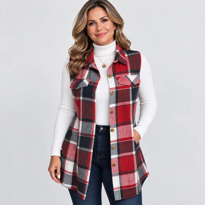 🧥 【S-5XL】Nuevo chaleco sin mangas para mujer: estampado de cuadros, con cuello, largo medio y disponible en tallas grandes