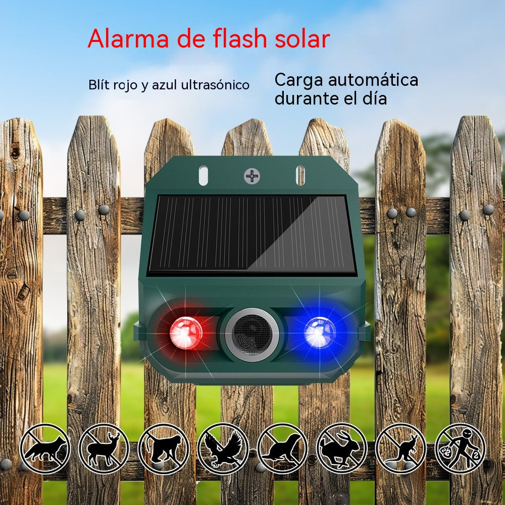 Repelente solar ultrasónico para animales, ideal para exteriores, con luz infrarroja intermitente y LED rojo y azul.