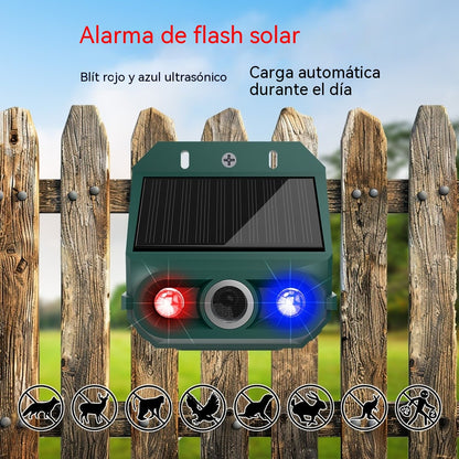 Repelente solar ultrasónico para animales, ideal para exteriores, con luz infrarroja intermitente y LED rojo y azul.