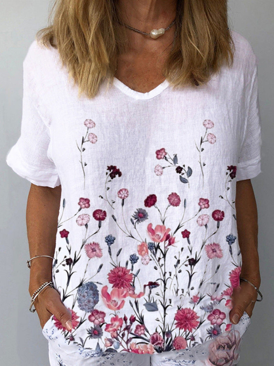 🔥【S-5XL】🌈Camiseta de manga corta de lino y algodón con estampado floral💐