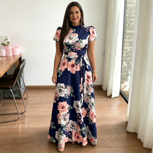 👑【S-5XL】✨Nuevo y elegante vestido largo de manga corta con estampado floral
