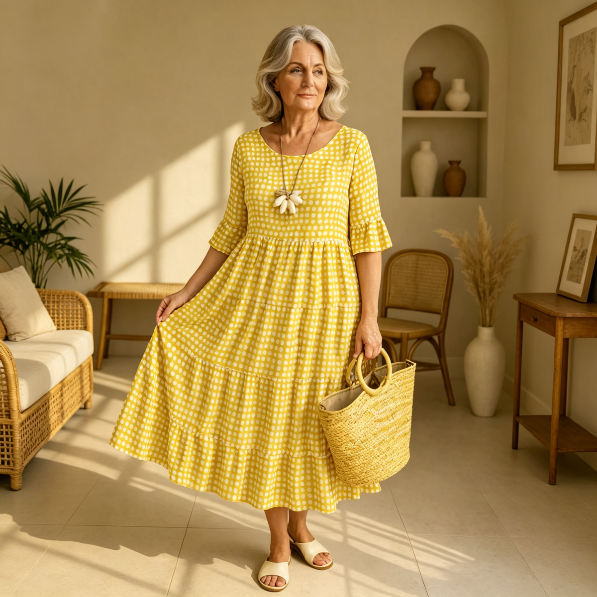 【S-4XL】Iris | Vestido midi beige de manga corta