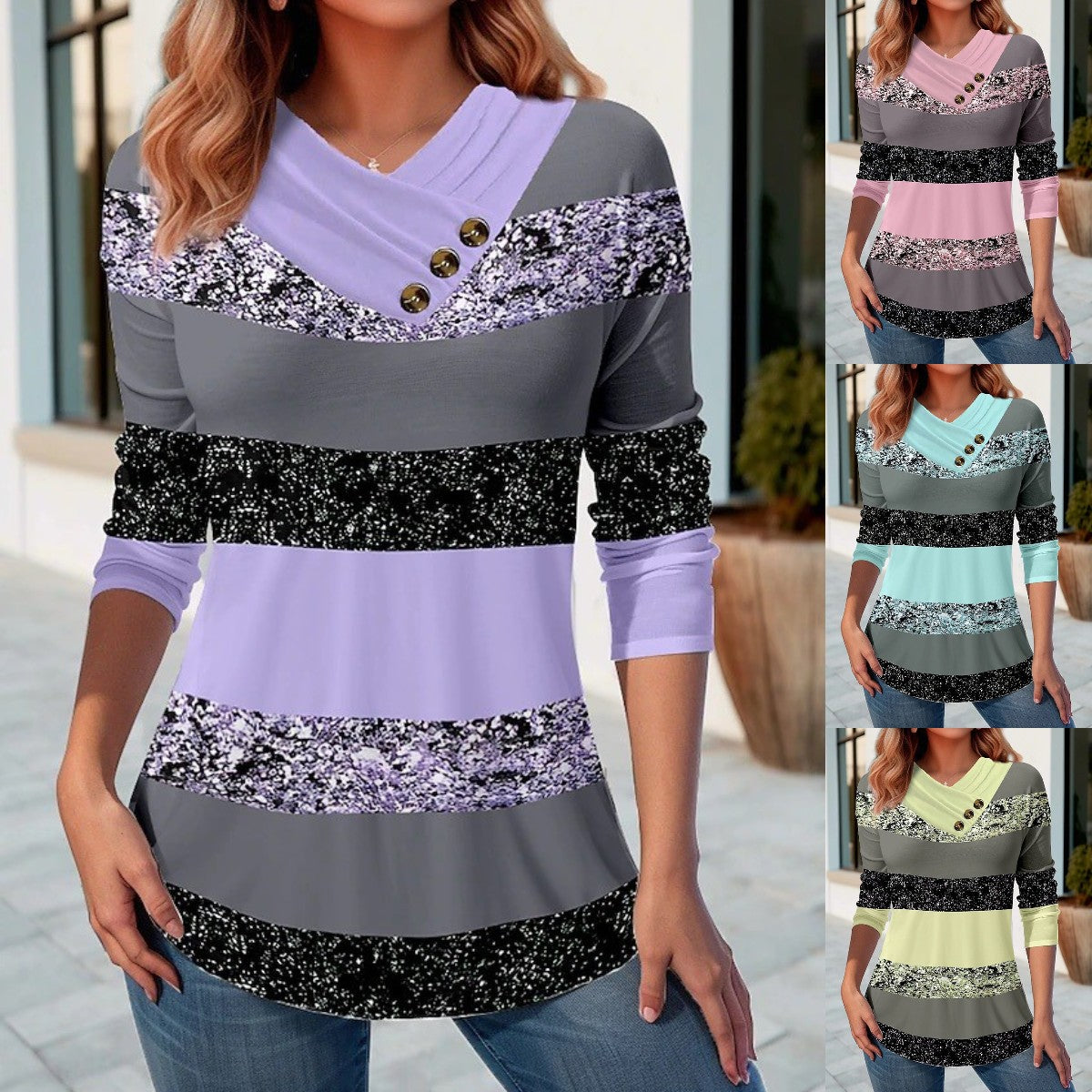 👚【50% de descuento 🔥🔥】【S-5XL】Nuevo top de otoño-invierno para mujer con colores en contraste, escote en pico y manga larga
