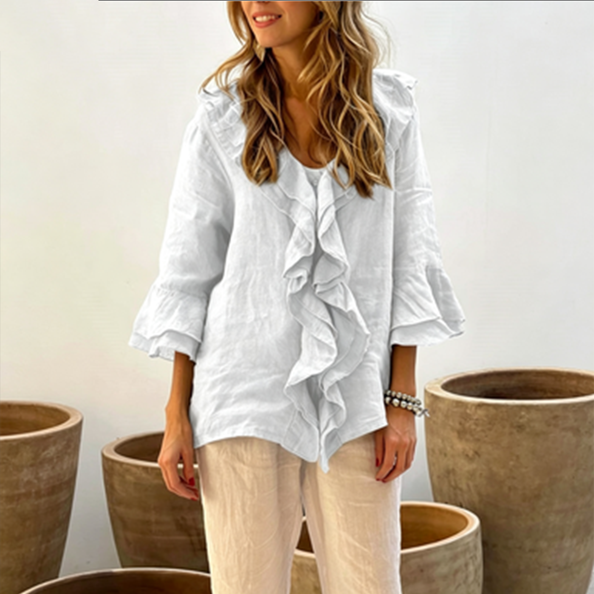 🔥Pago contra entrega✅️【40-100 kg】Camisa casual de moda para mujer, cuello en V con diseño de volantes