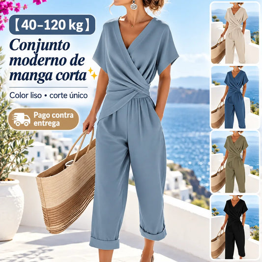 ✨👘【40–120 kg】Conjunto moderno de manga corta en color liso con corte único ✅Pago contra entrega