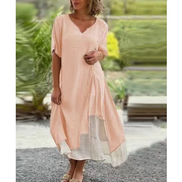 💐💐【S-4XL】Vestido de algodón de dos piezas irregular con cuello en V, vestido largo