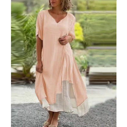 💐💐【S-4XL】Vestido de algodón de dos piezas irregular con cuello en V, vestido largo