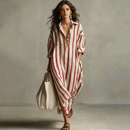 【S-3XL】Vestido Largo Camisero con Rayas Verticales y Corte Holgado Elegante