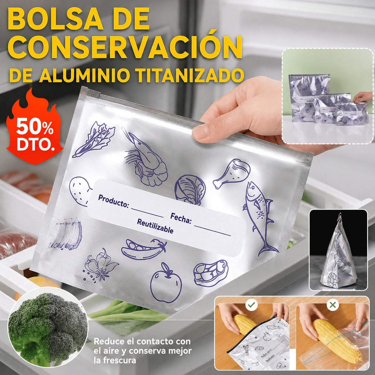 🥩【30 unidades】Bolsa hermética de papel de aluminio con cierre zip, apta para alimentos, para conservar la frescura en el frigorífico del hogar