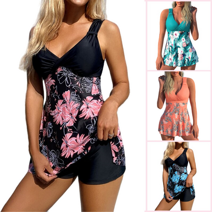 🌴🏖️🌈【S-5XL】😍 Dámska plavková súprava, veľká kvetinová potlač, šortky, plavecká sukňa s odhaleným chrbtom, rýchloschnúci materiál