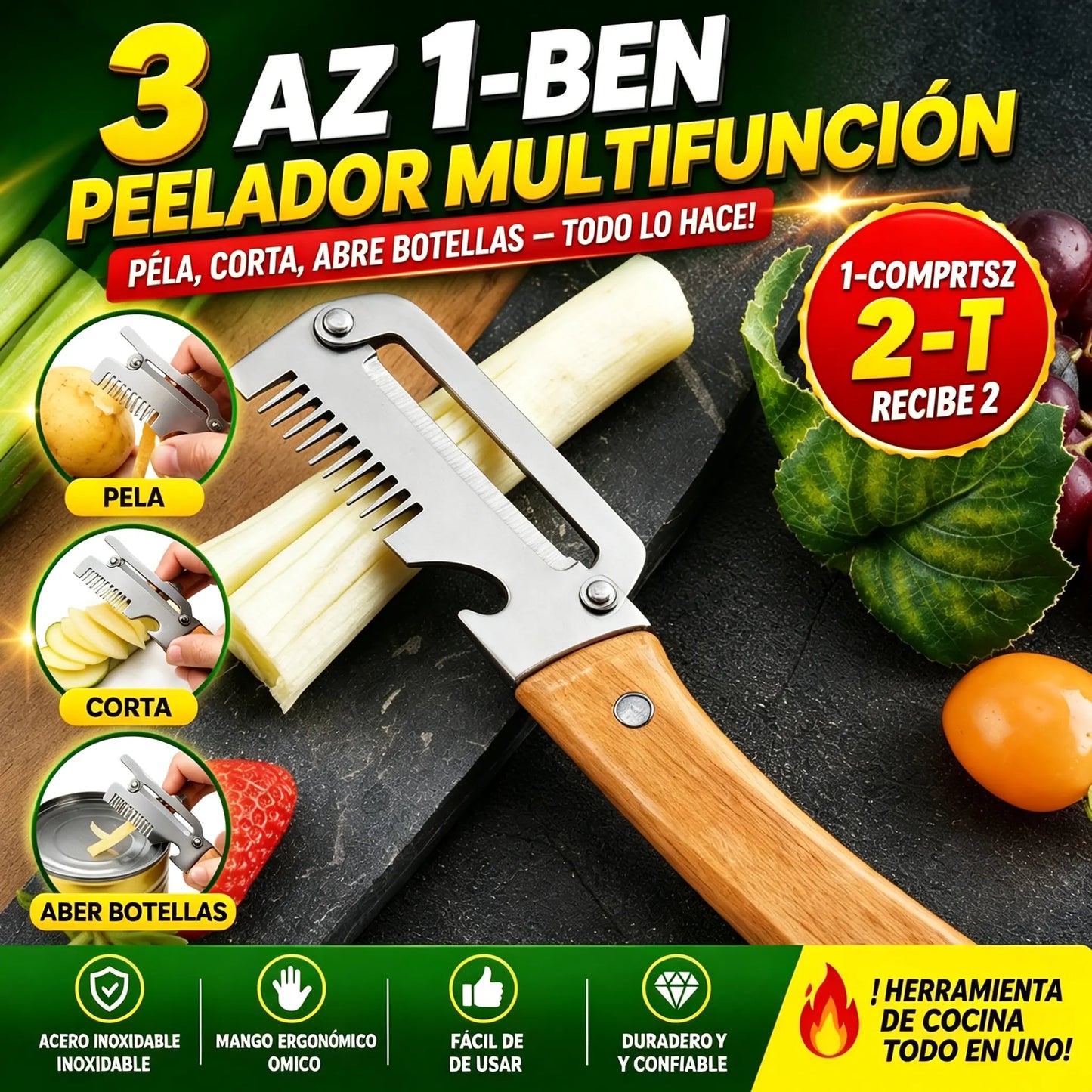 ✅【Compra 1 lleva 1 gratis】2 unidades por 25 euros🧅🔪 Pelador de cocina multifuncional 3 en 1: ¡Pela, corta y abre tapones de botellas! 🔥