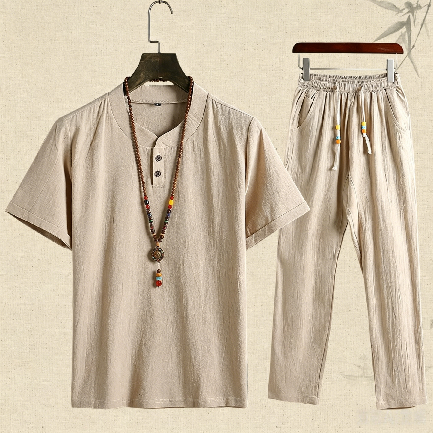 🌴 50% de descuento 🔥  (camiseta + pantalón)Conjunto de playa de lino informal y holgado con botones para hombre. ✅️ Pago contra entrega disponible
