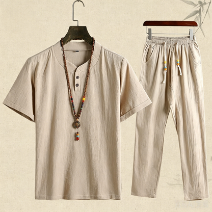 🌴 50% de descuento 🔥  (camiseta + pantalón)Conjunto de playa de lino informal y holgado con botones para hombre. ✅️ Pago contra entrega disponible