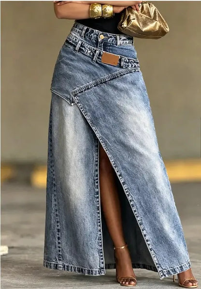 🥇【S-3XL】Falda larga vaquera para mujer con cintura de capas, corte holgado y diseño elegante.