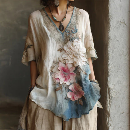 💕 Cămașă elegantă cu decolteu adânc în V și imprimeu floral [Ofertă limitată: Livrare gratuită] Mărimi S-4XL