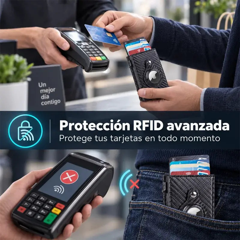 🖤 Tarjetero de Cuero Carbono con Clip Automático de Aluminio | Bloqueo RFID | Porta Tarjetas Minimalista y Moderno ✨