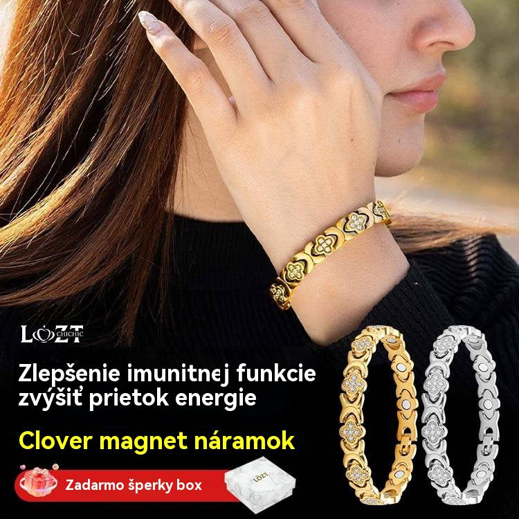Pulsera magnética de diamantes y trébol: descubre tu secreto para aliviar el estrés y mejorar tu bienestar magnético.