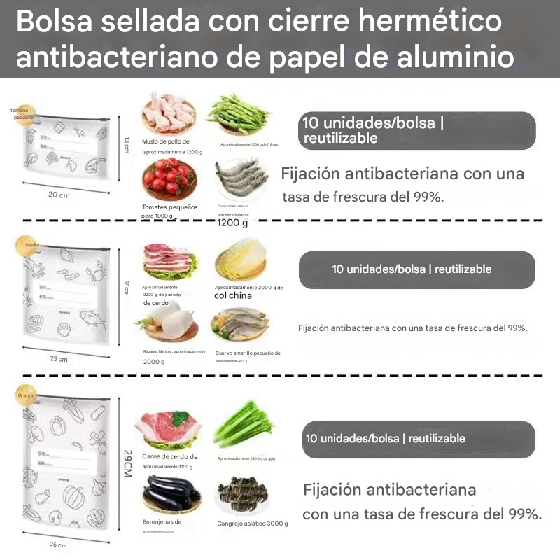 🥩【30】Bolsa de papel de aluminio de grado alimenticio con cierre de cremallera para conservar la frescura, apta para refrigerador doméstico