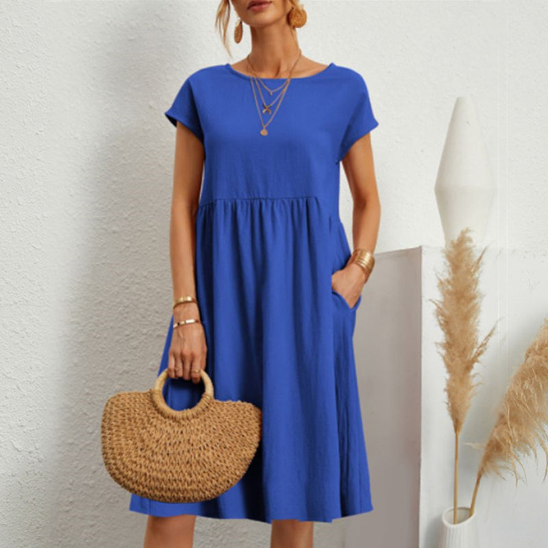 ✨ ✨ 【S-5XL】👗2025 Dámske bavlnené ľanové šaty s okrúhlym výstrihom a voľnými líniami