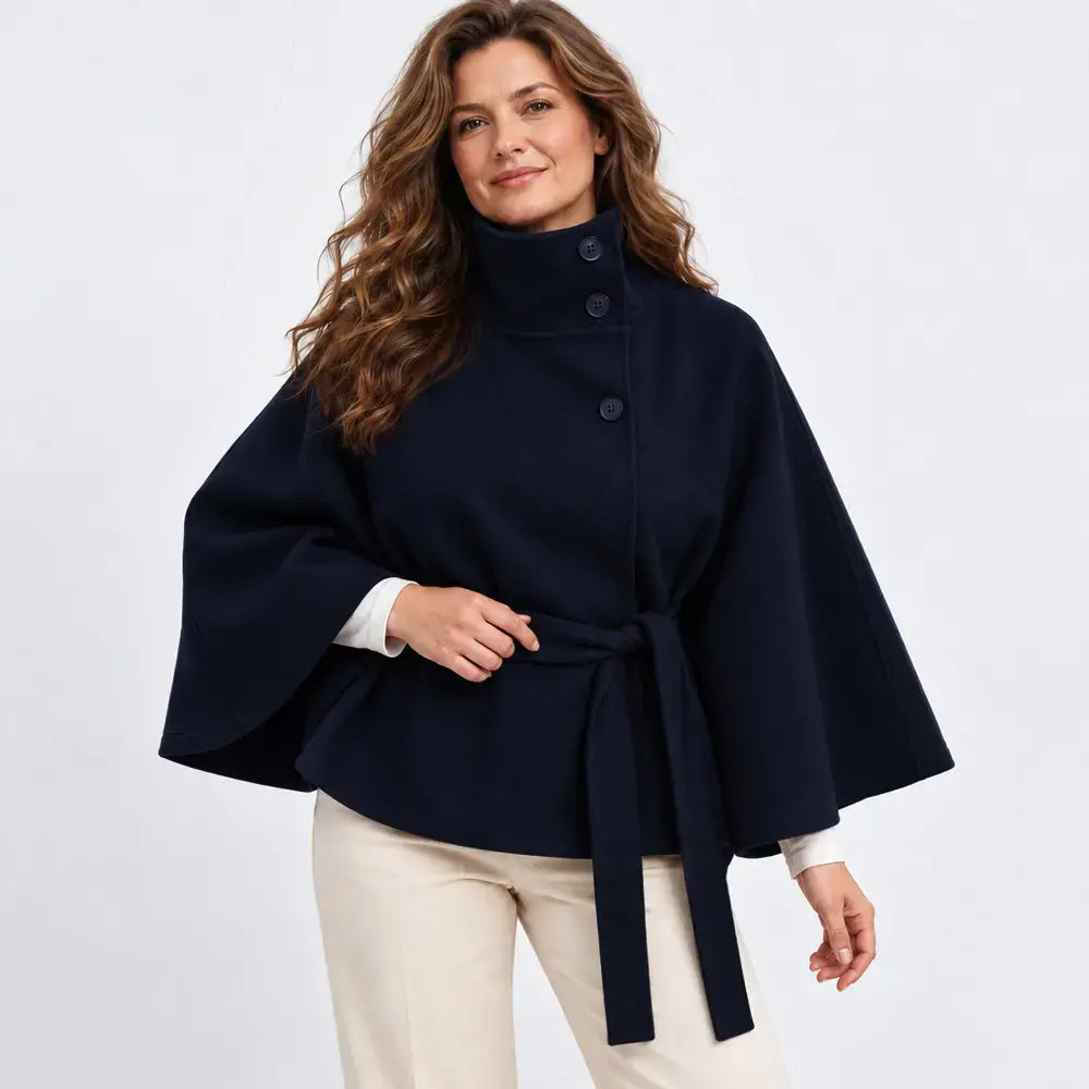 【S-3XL】Nueva chaqueta de estilo capa para mujer, ideal para otoño e invierno – diseño liso, con cuello alzado, botones y cinturón