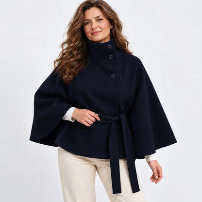 【S-3XL】Nueva chaqueta de estilo capa para mujer, ideal para otoño e invierno – diseño liso, con cuello alzado, botones y cinturón