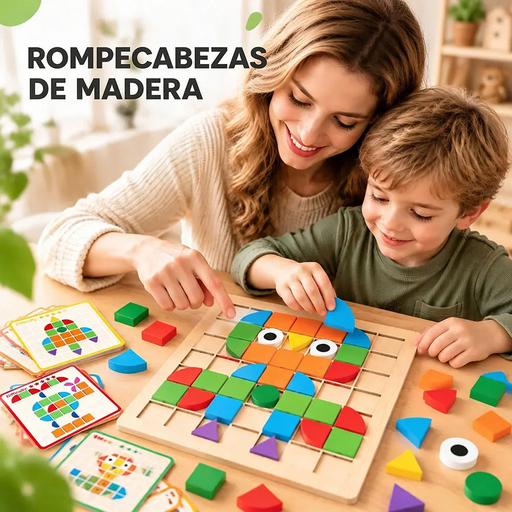 🧩 Puzle de madera para niños, juguete educativo 3D con 120 piezas y tarjetas de patrones — una herramienta didáctica que ejercita el pensamiento lógico y el reconocimiento de formas geométricas 🎨