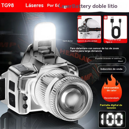 💡Potente linterna frontal de inducción para uso doméstico, uso al aire libre, zoom, largo alcance, recargable, larga duración, caminata nocturna, aventura, pesca nocturna