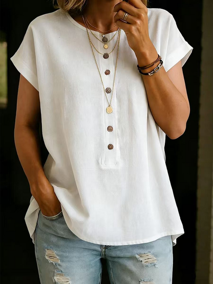 【S-2XL】Camiseta versátil de mujer de manga corta con cuello redondo y botones, color liso.