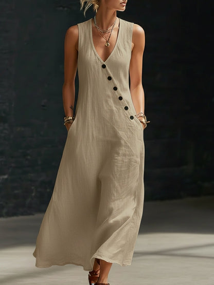 ✨【S-3XL】Vestido cómodo de algodón y lino para mujer, sin mangas, con botones.