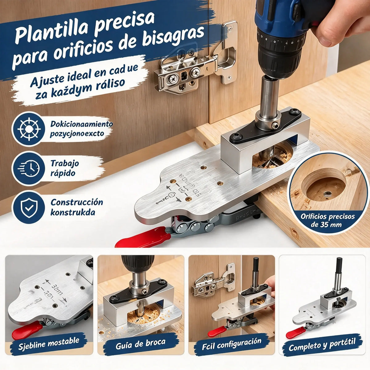🔥【Juego de 6 piezas】Herramienta para perforar orificios para bisagras (carpintería). Localizador de orificios para bisagras de 35 mm para puertas de armarios.
