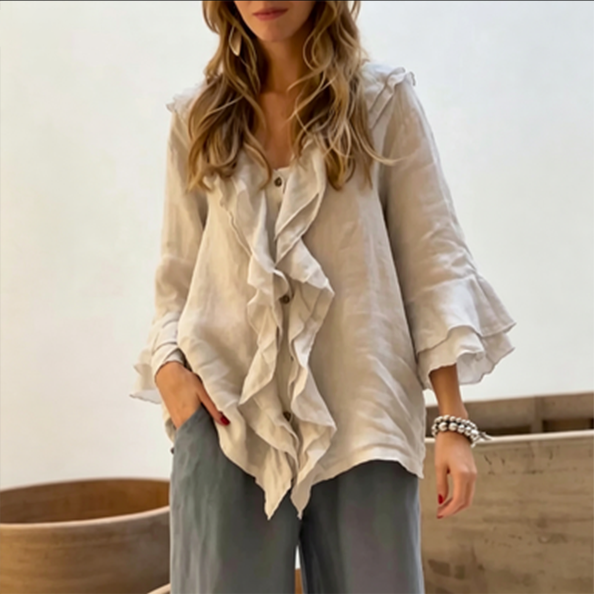 🔥Pago contra entrega✅️【40-100 kg】Camisa casual de moda para mujer, cuello en V con diseño de volantes