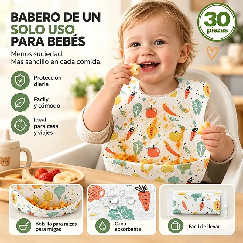 🛡️【30 piezas】👶 Babero Desechable Infantil con Bolsillo 3D Antifugas – Delgado, Impermeable y Práctico para el Día a Día 🍽️